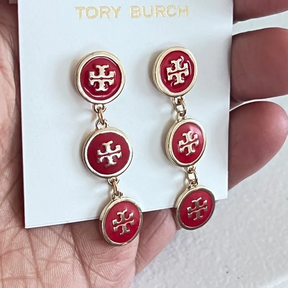 Tory Burch Gold-Tone Red Enamel Triple Drop Logo Earrings - Picture 8 of 13